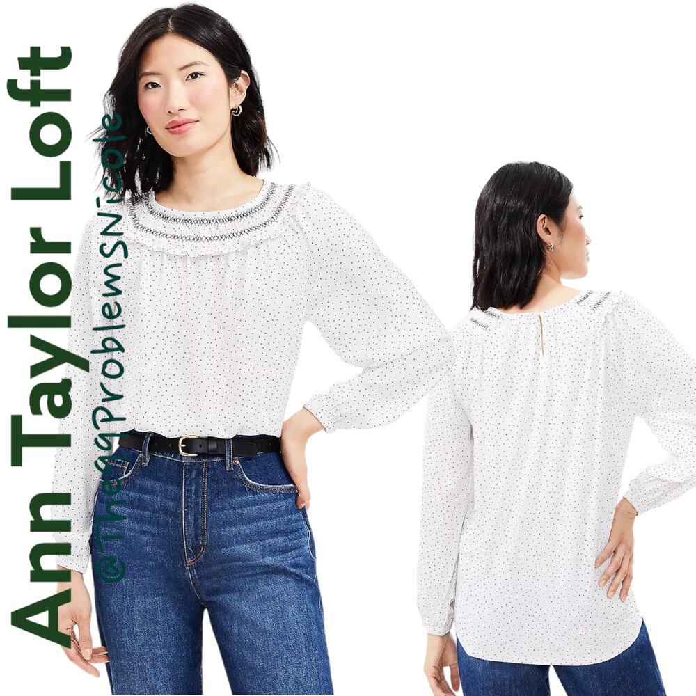Loft Dotted Smocked Long Sleeve Blouse